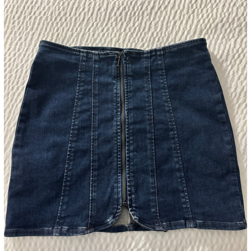 Free People We The Free Denim Skirt Dark Front Zip Blue Womens 8 Stretch Y2K
